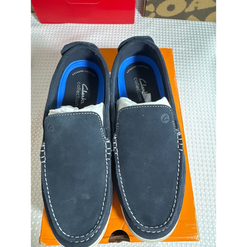 Clarks Loafers Mens 7 Wide Flexway Step Navy Suede Casual 26176955 EUC